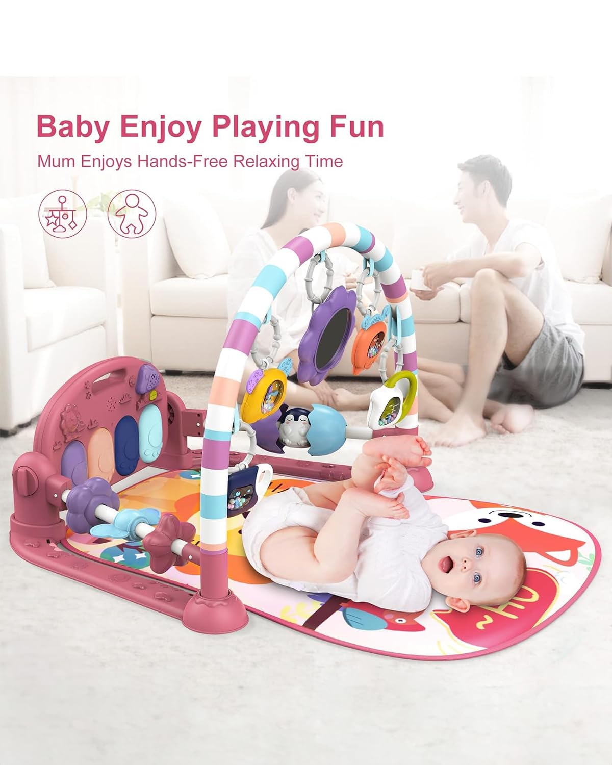 Dearlomum baby play mat gym tummy-time setup encourages arm and neck strengthening through kicking and reaching.