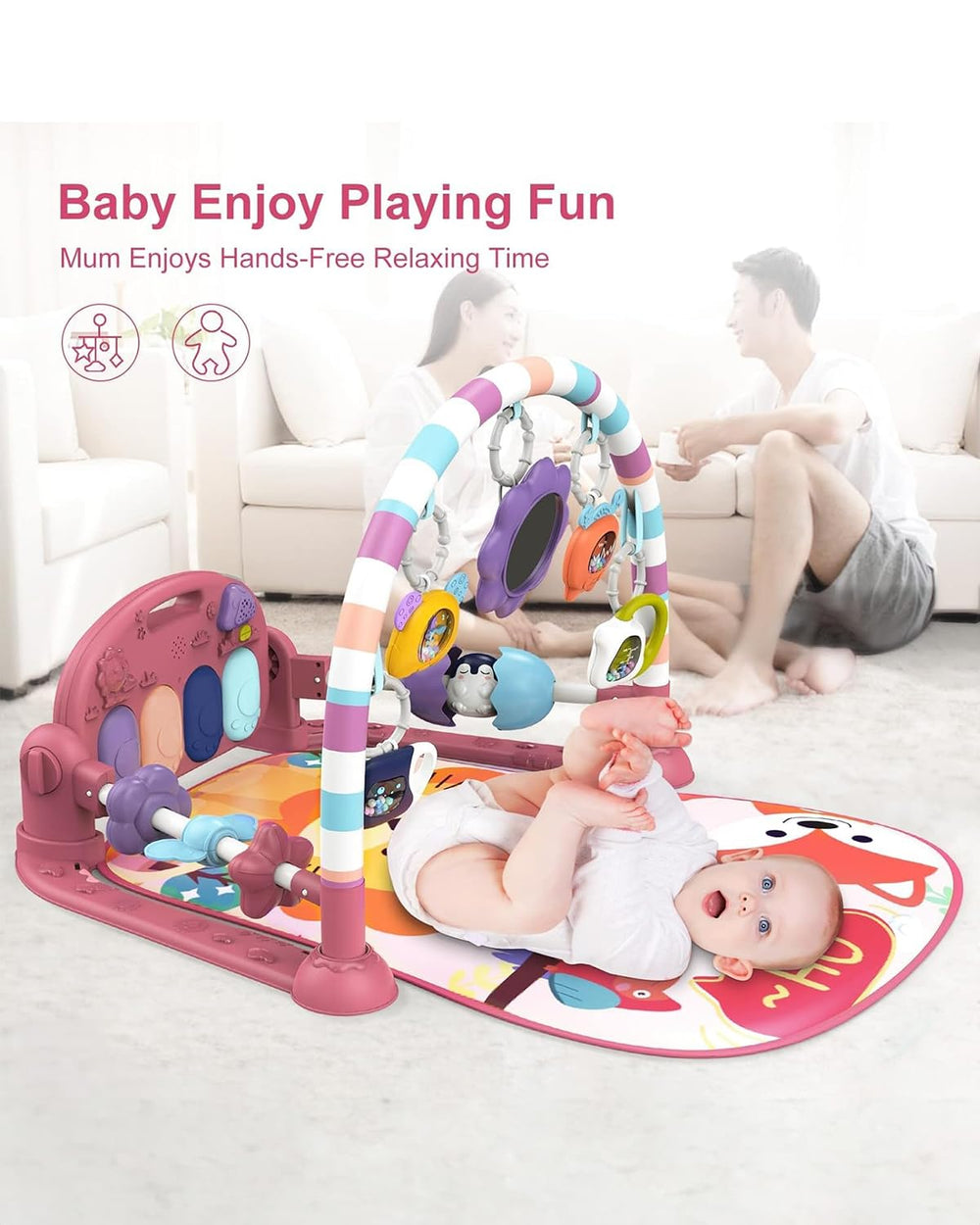 Dearlomum baby play mat gym tummy-time setup encourages arm and neck strengthening through kicking and reaching.