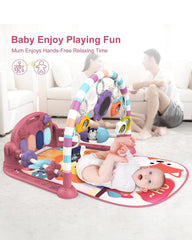 Dearlomum baby play mat gym tummy-time setup encourages arm and neck strengthening through kicking and reaching.