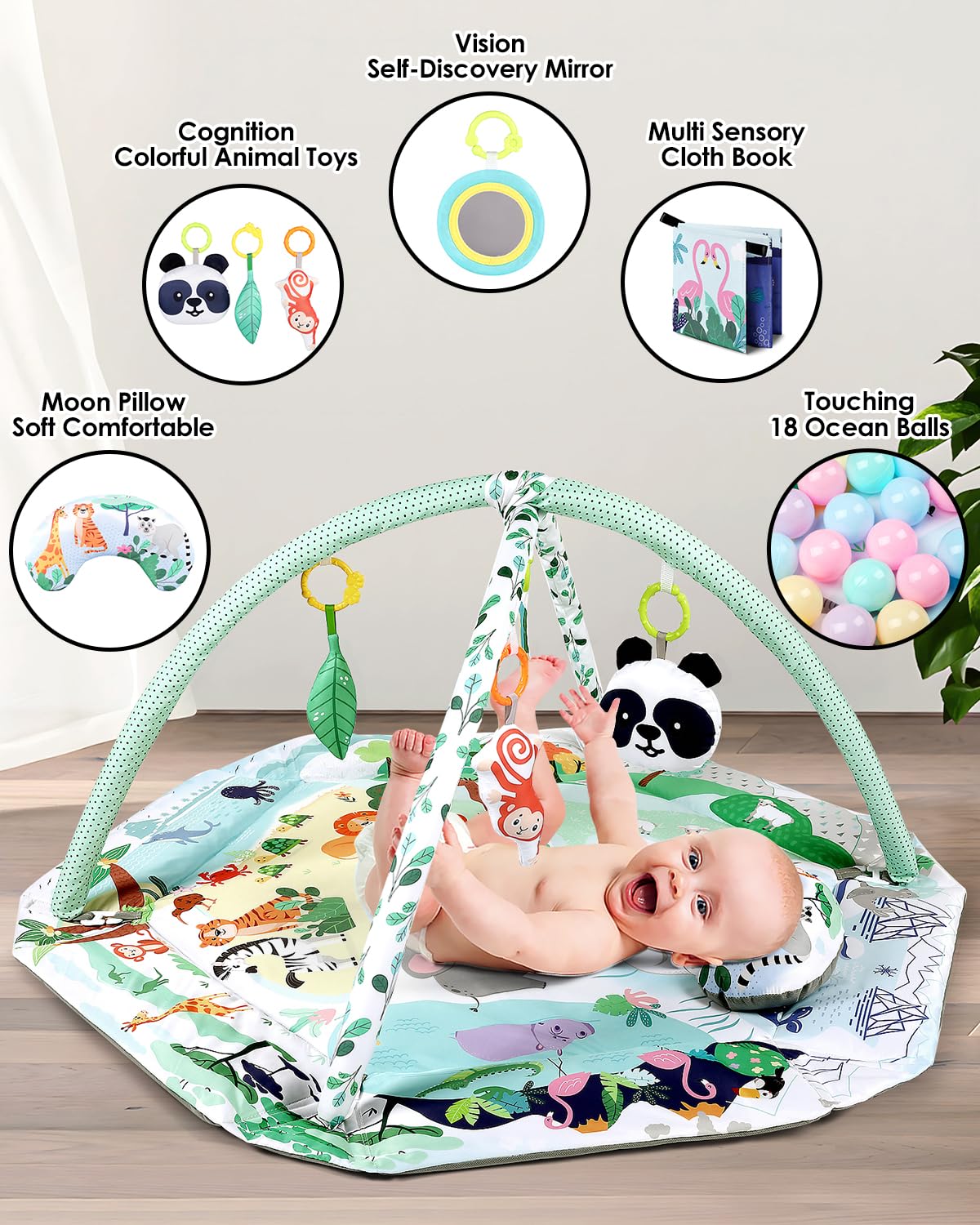 Dearlomum baby tummy time on mat encourages visual tracking and motor skills development.