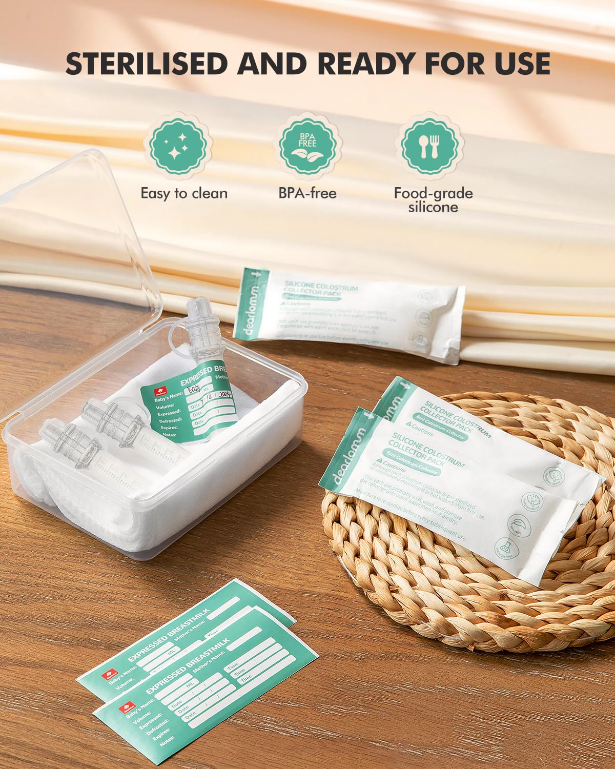 Dearlomum Colostrum Collector Kit BPA-free silicone ensures safe, reusable collection.