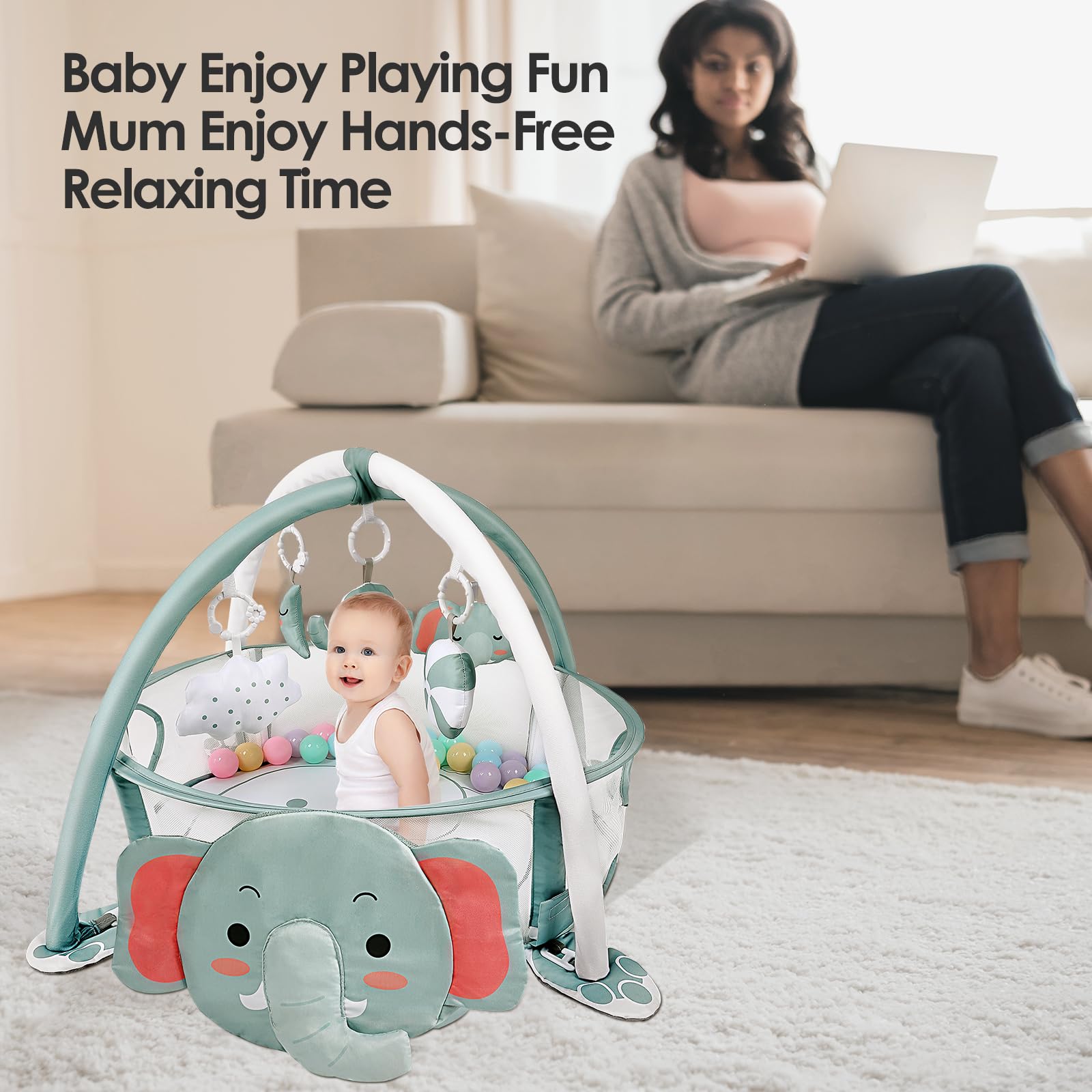 Dearlomum elephant tummy time mat provides cushioning on hardwood floors.