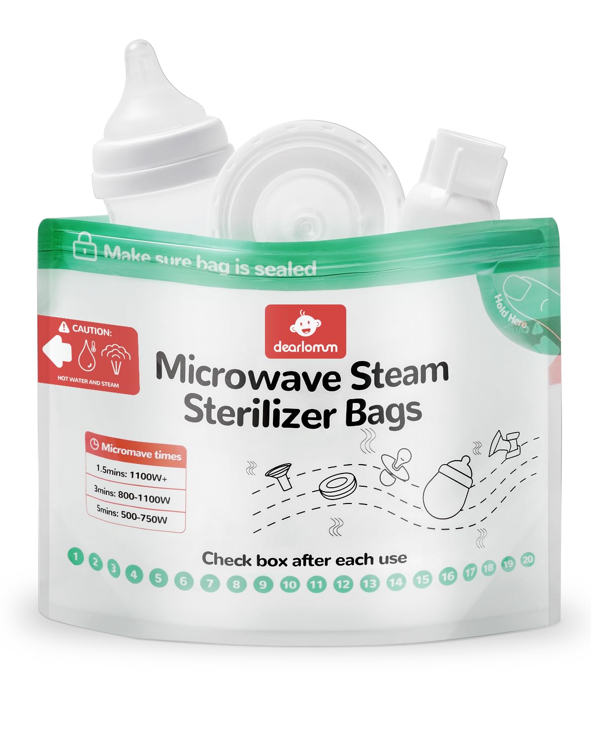 Dearlomum microwave steam sterilizer bag 15-count, travel-ready for bottle sterilization.