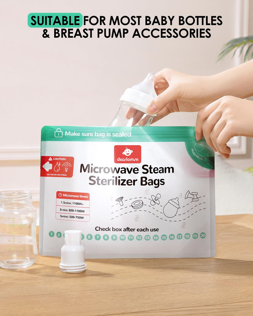 Dearlomum sterilizer bag with pacifier inside for convenient at-home bottle prep.