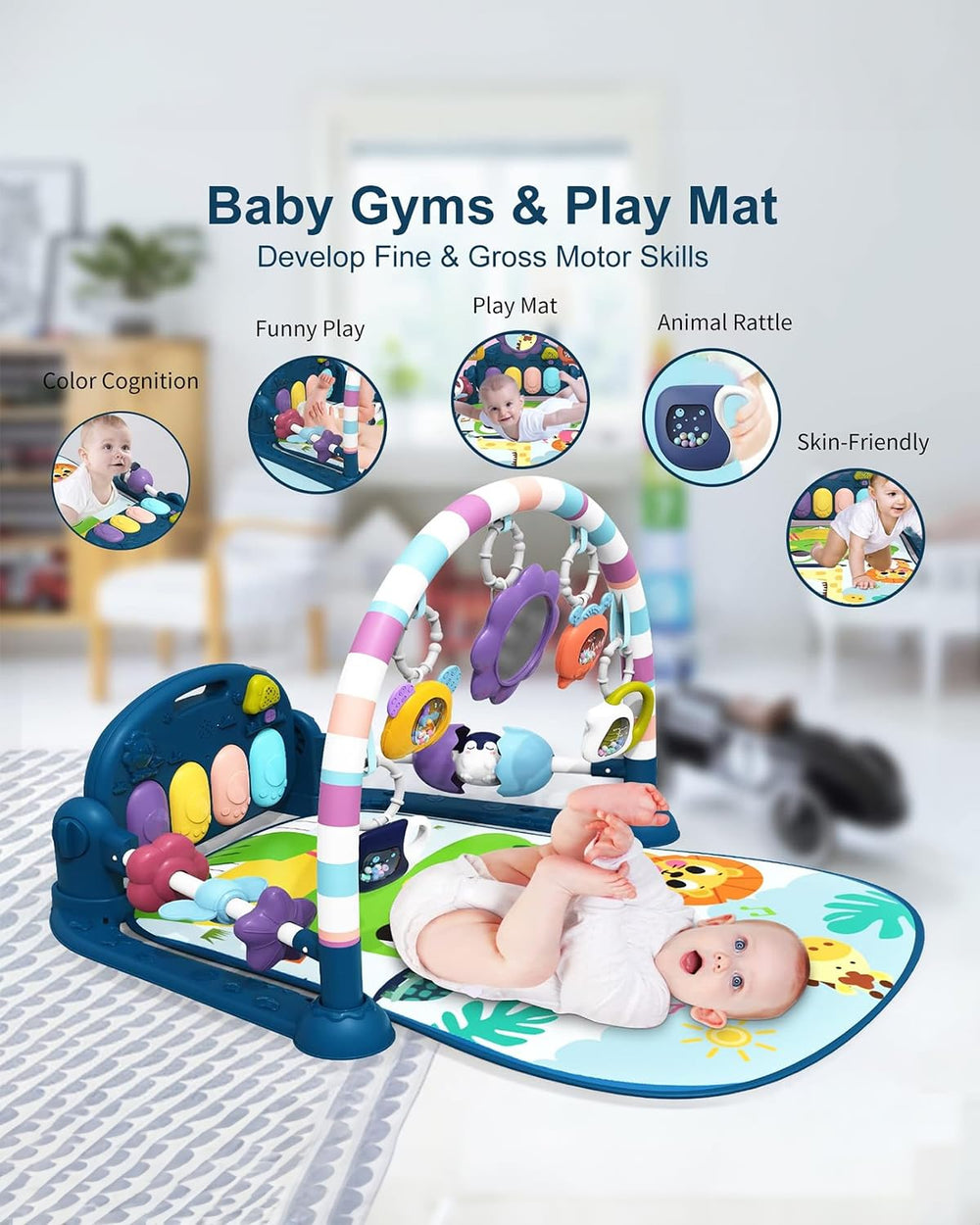 Dearlomum new blue baby play mat toy fish hangs for visual tracking and play