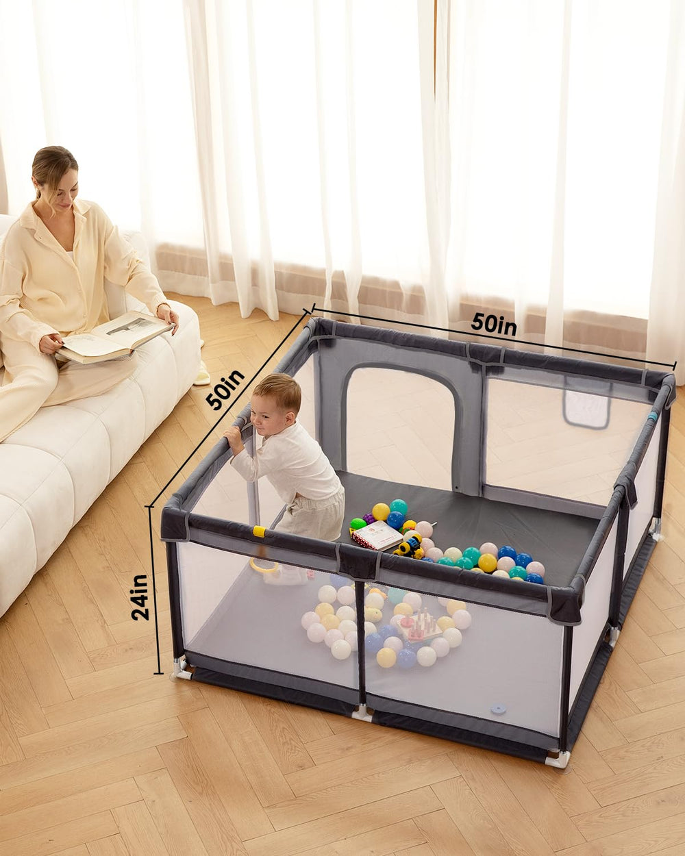 Dearlomum playpen 360-degree view with external gate for easy interaction