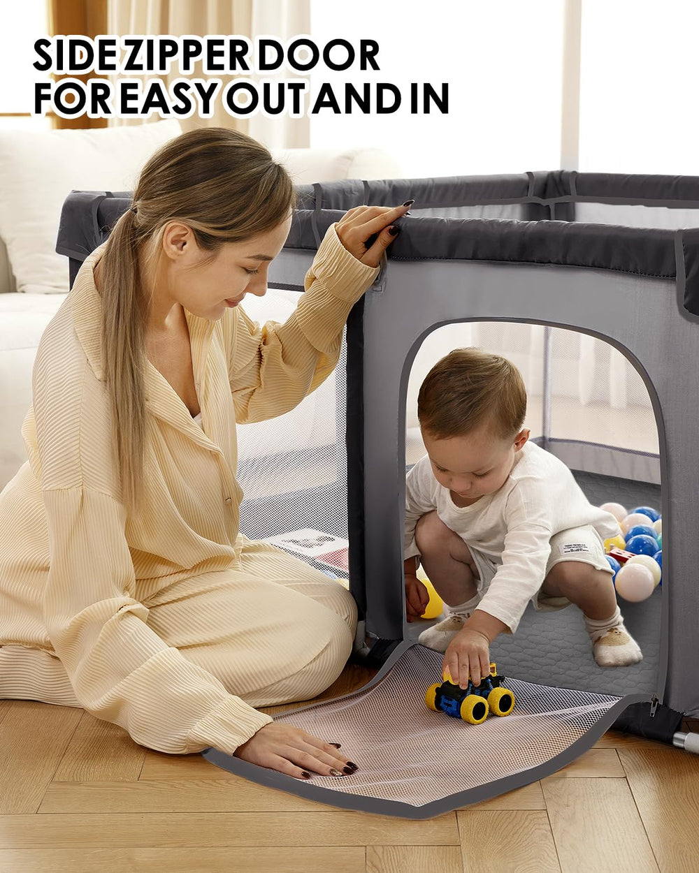Dearlomum playpen external zipper gate enables quick access during playtime.