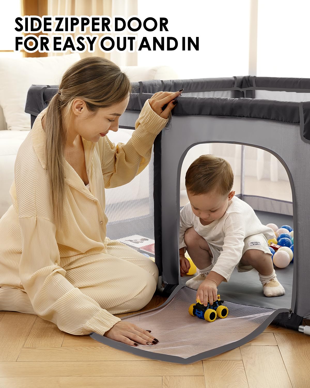 Dearlomum playpen soft mesh sides offer breathable visibility and comfort