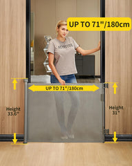 Dear LOV gray mesh safety gate for indoors and outdoors keeps toddlers contained.