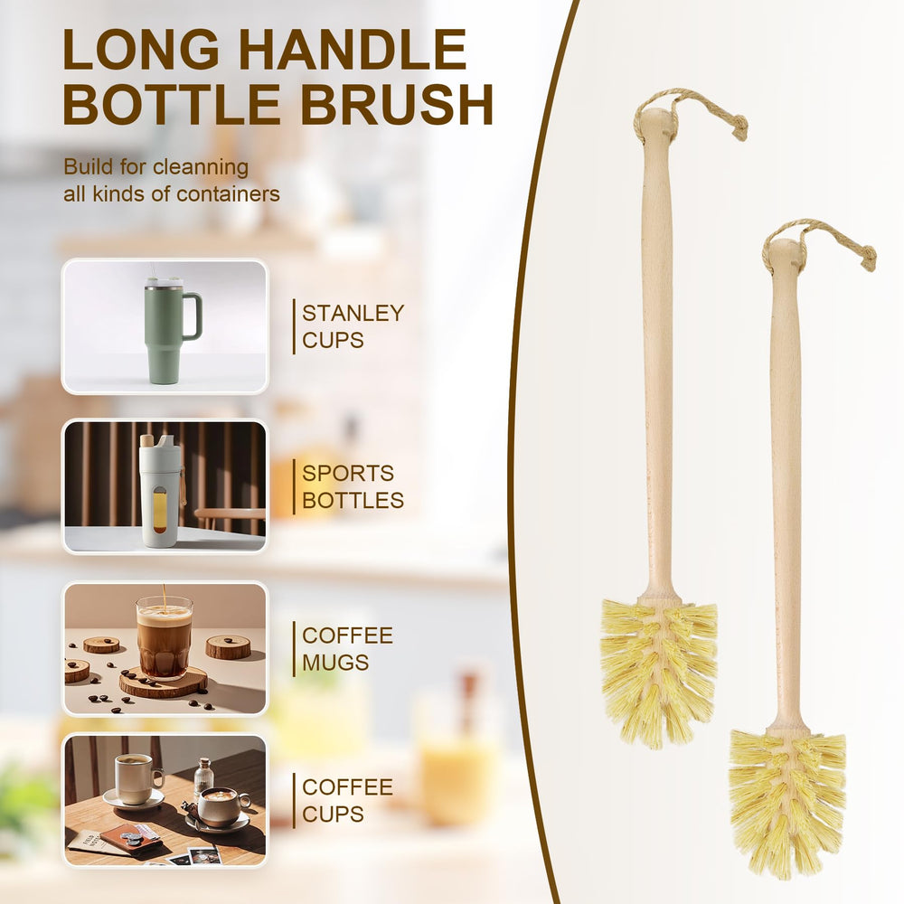 DEBETOOL ergonomic long-handle bottle brush enabling easier reach.