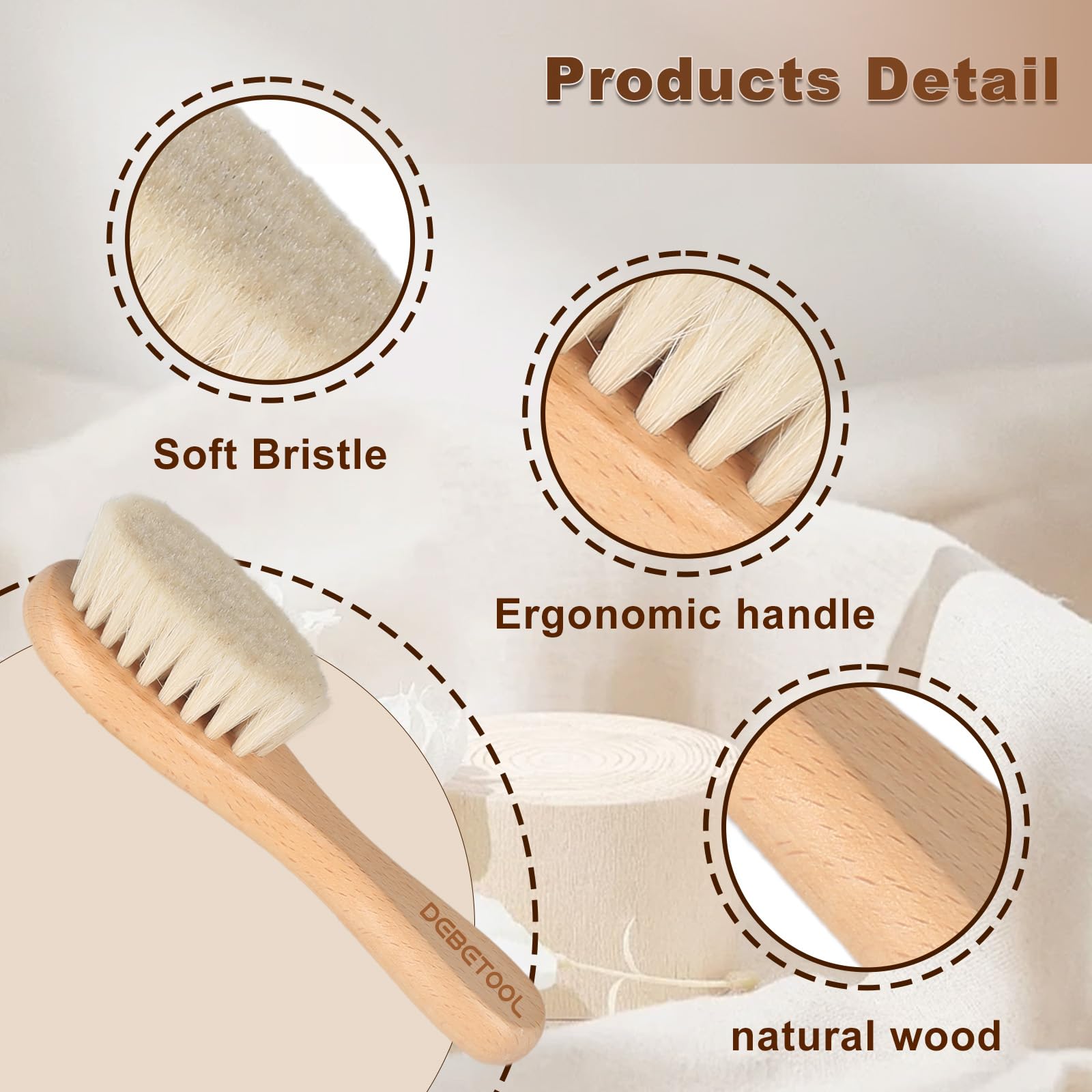 DEBETOOL Natural wooden handle provides safe, eco-friendly baby grooming.