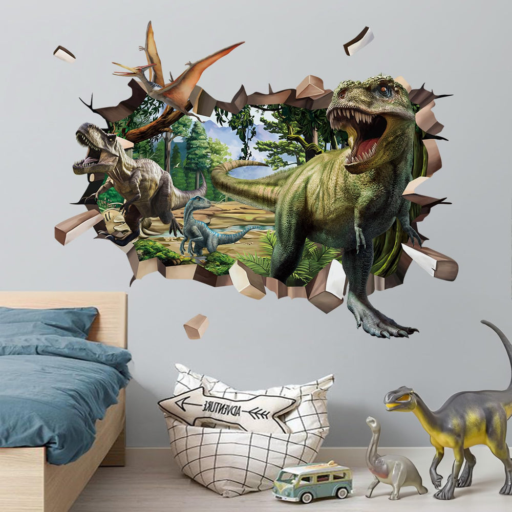 Decalmile 3D dinosaur wall decals add playful jungle drama to a kid's room.
