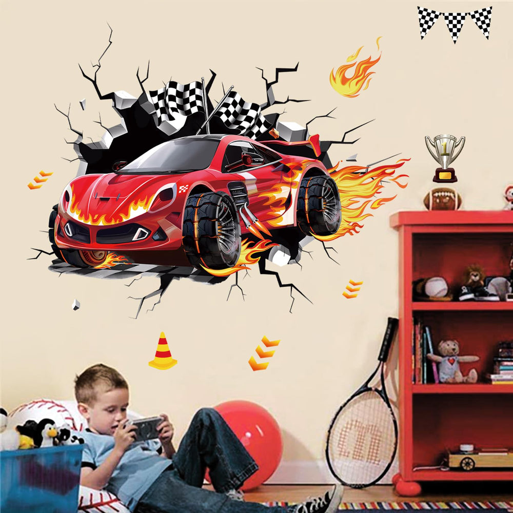 DecalMile racing cars wall decals with flags spark imaginative play in nurseries.