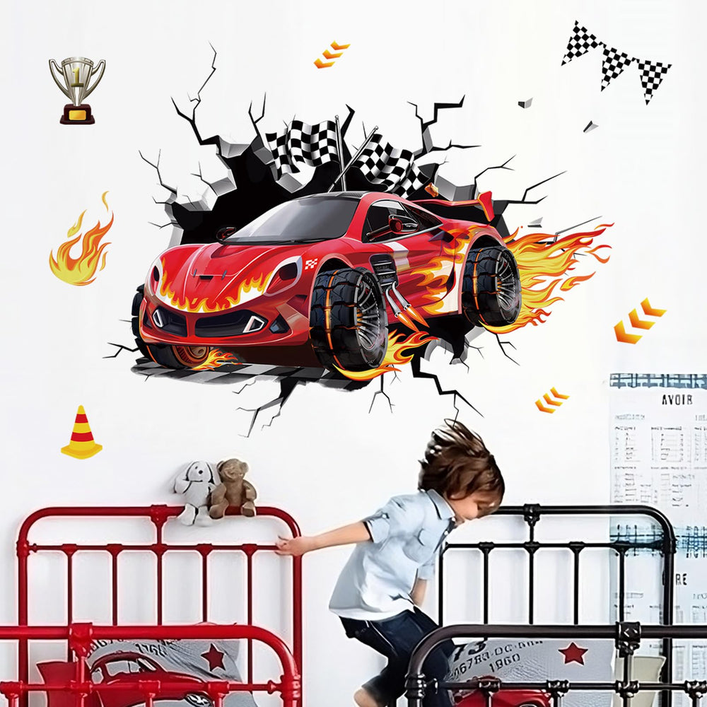 DecalMile 3D racing cars wall decals with red cars energize a kids' room.