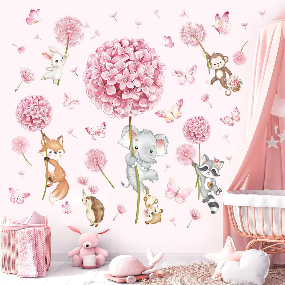Decalmile animal flower pink dandelion elephant wall decal for nursery decor and imagination.