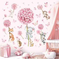Decalmile animal flower pink dandelion elephant wall decal for nursery decor and imagination.