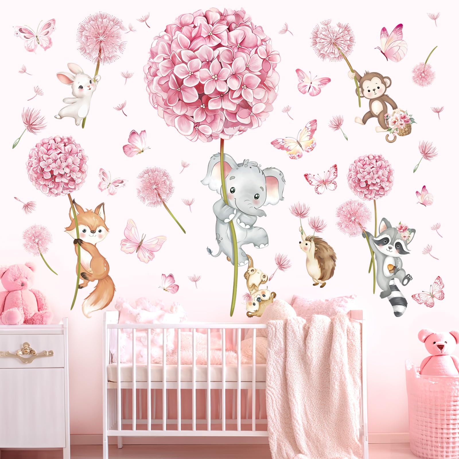 Decalmile pink flower animals fox wall decal boosts playful room mood.