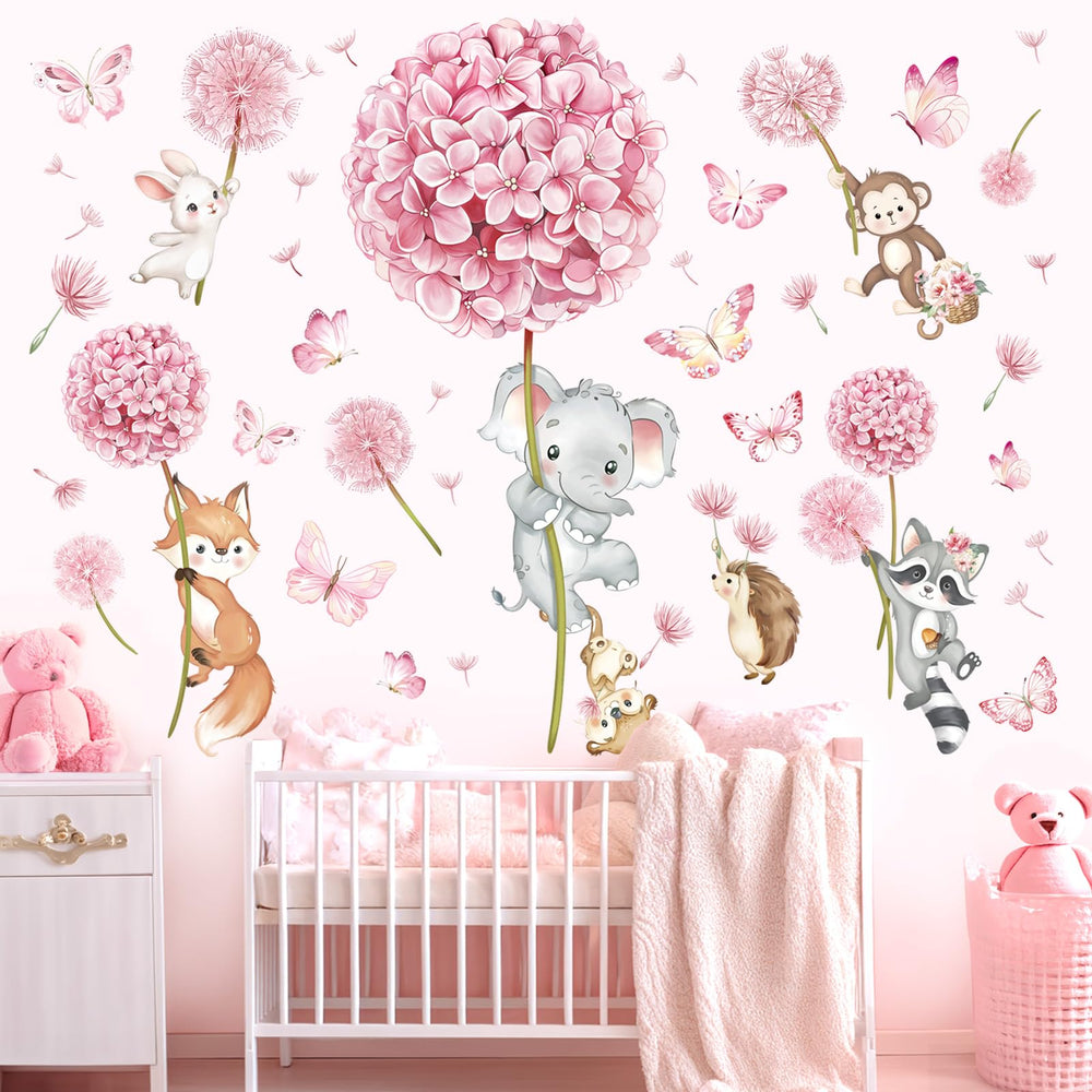 Decalmile pink flower animals fox wall decal boosts playful room mood.