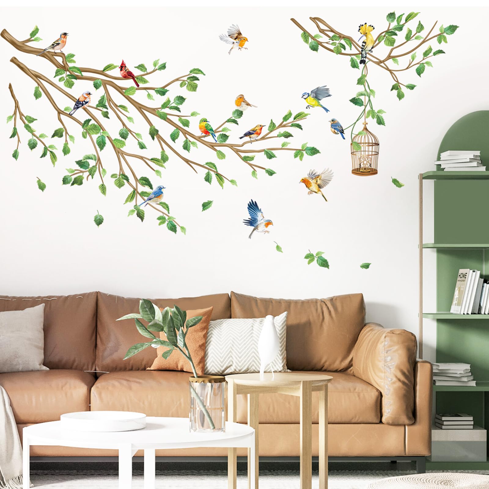 Decalmile birds on tree branch wall decals brighten the living room as a nature-inspired focal point.