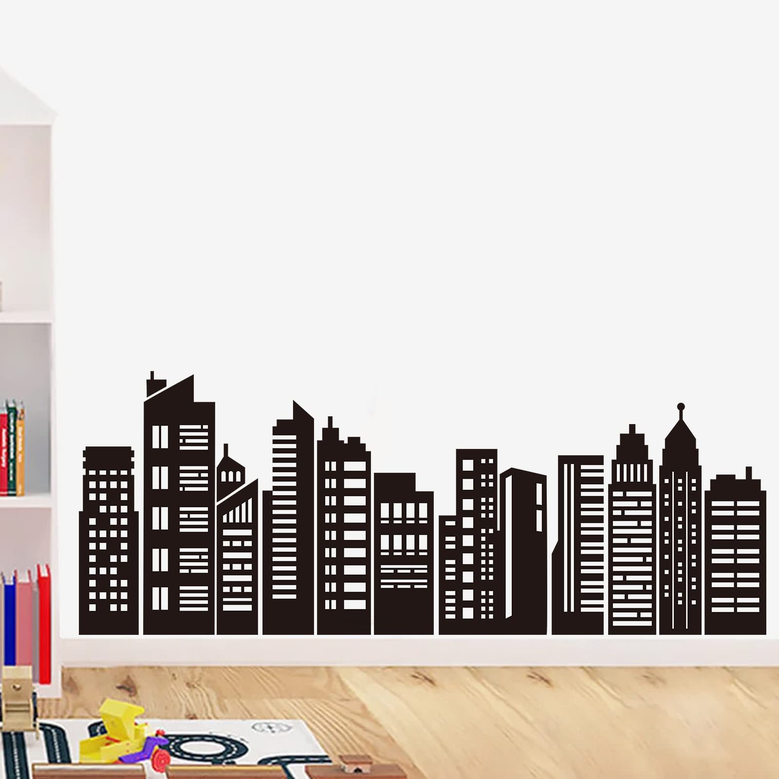 decalmile black city skyline wall sticker silhouette adds bold focal point to kids bedroom.