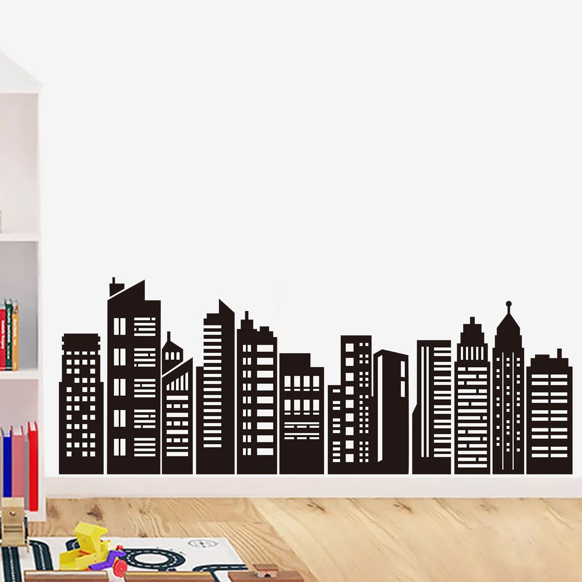 decalmile black city skyline wall sticker silhouette adds bold focal point to kids bedroom.