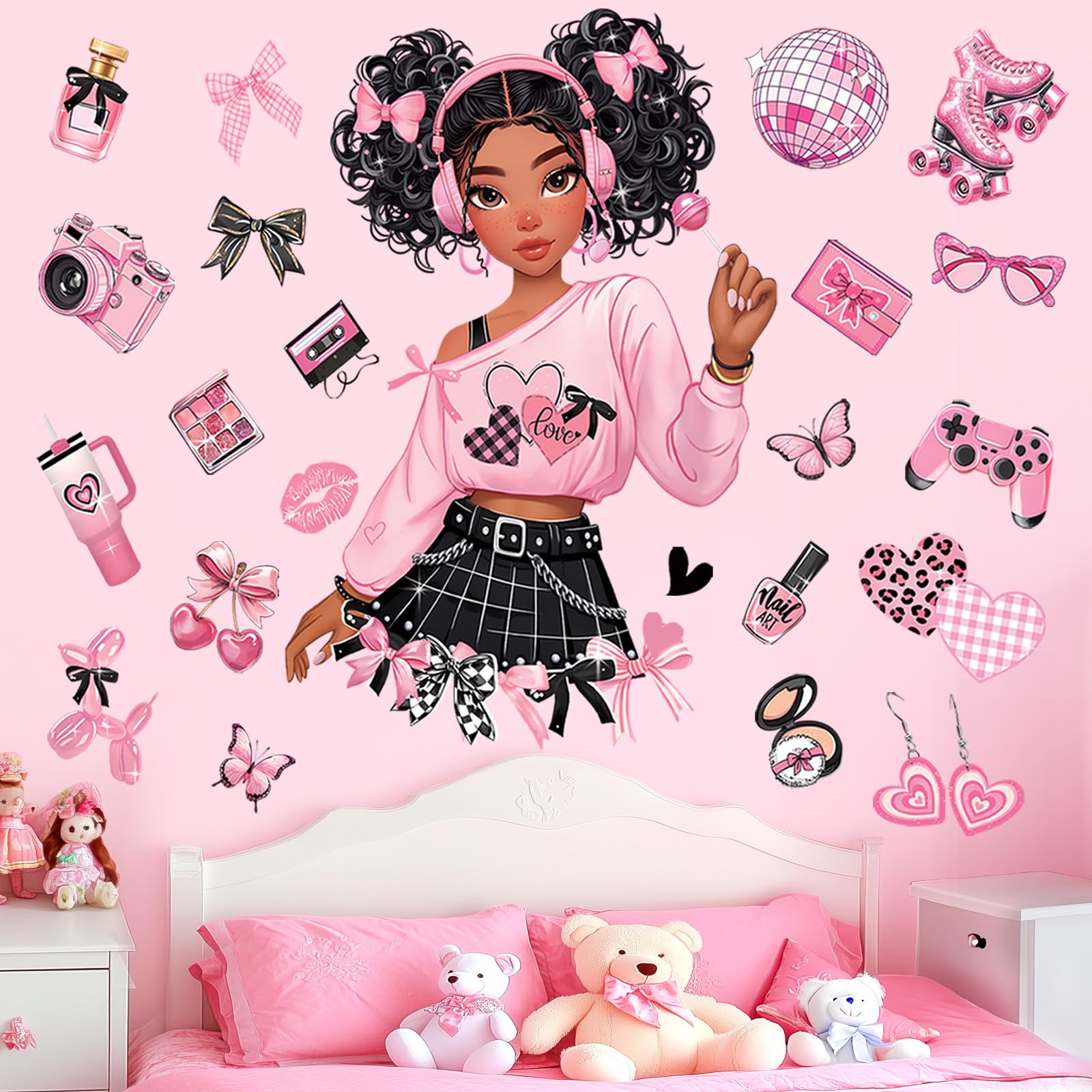 decalmile black girl wall sticker with pink bow for nursery walls, adds playful charm.