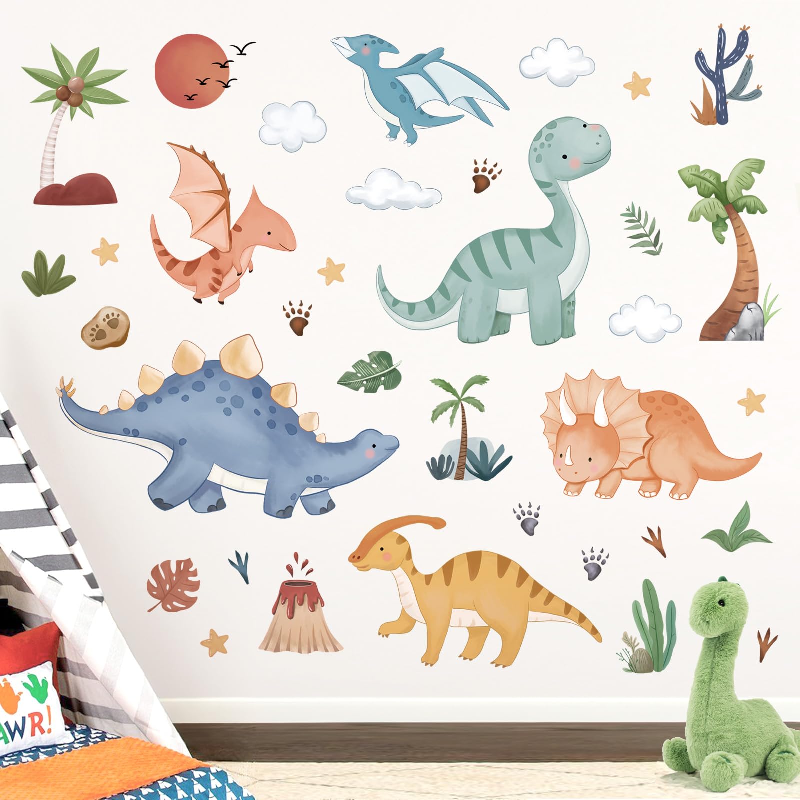 decalmile Boho Baby Dinosaurs wall decals with palm tree for playful nursery decor