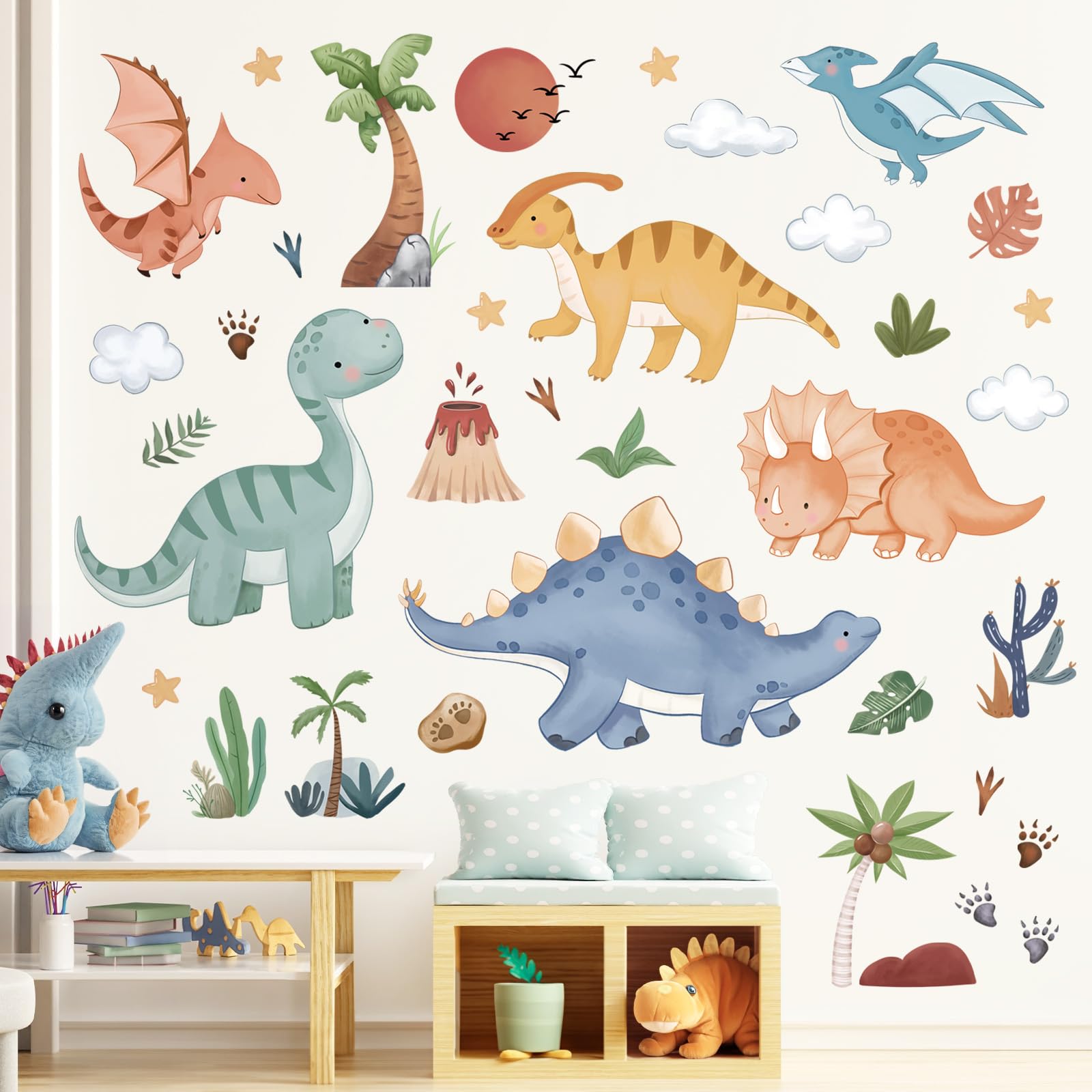 decalmile Boho Baby Dinosaurs wall decals volcano scene for kids' playroom vibes