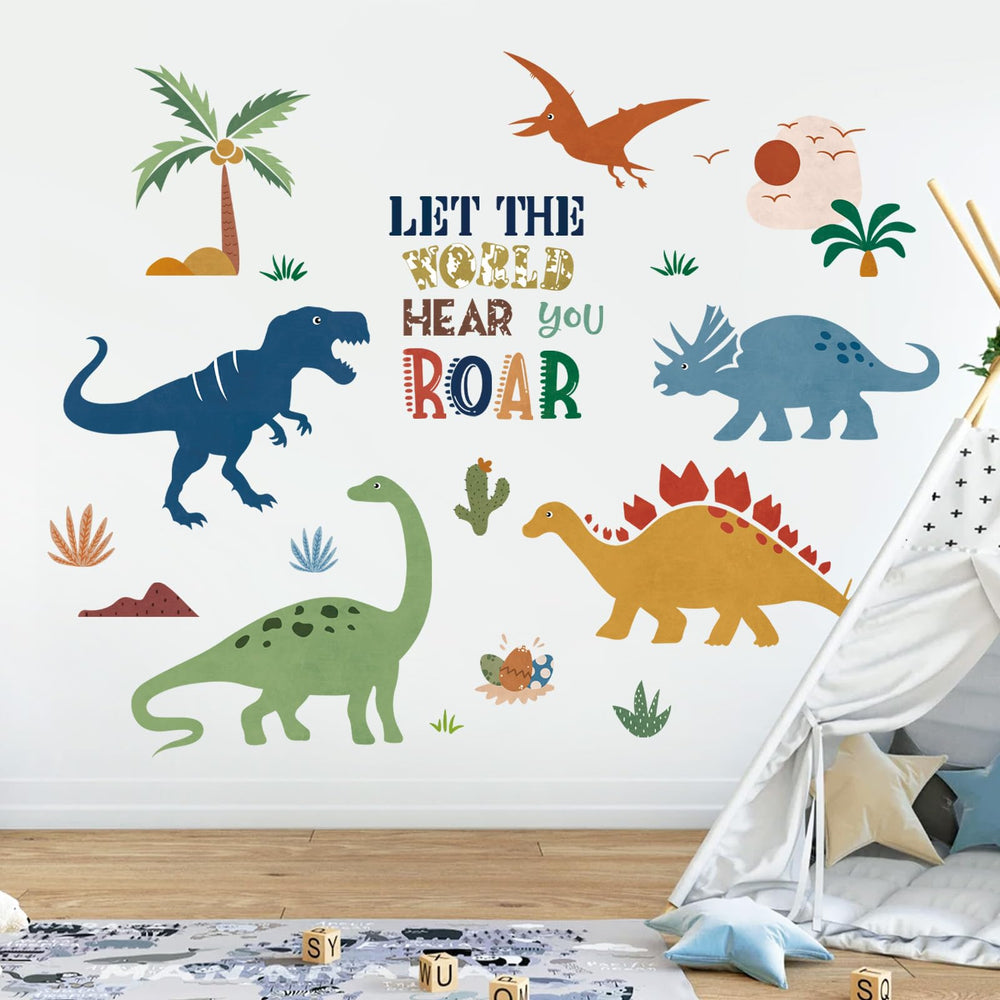 Decalmile Boho Dinosaur wall decal with dino and palm tree for playful nursery decor