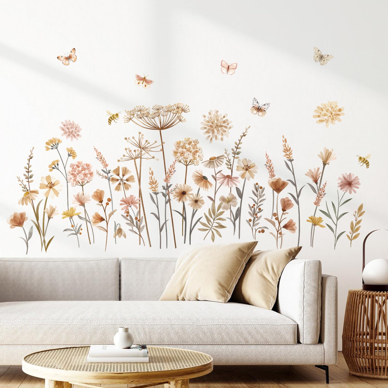 Decalmile Boho Flower Wall Decals nursery setup with soft floral clusters for a nurturing vibe.