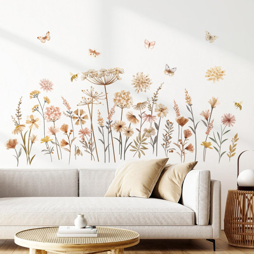 Decalmile Boho Flower Wall Decals nursery setup with soft floral clusters for a nurturing vibe.
