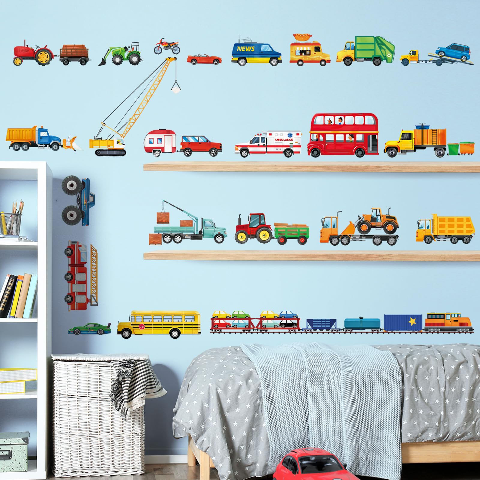 Decalmile boys-bedroom vehicle wall-decor creates an energetic backdrop for bedtime stories