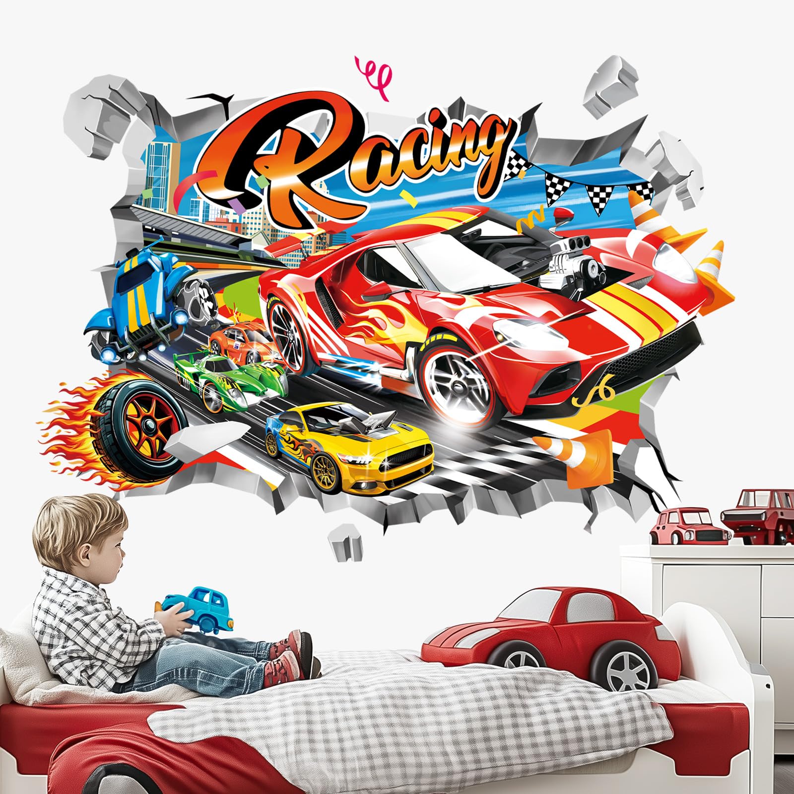 DecalMile break-through red cars wall decals brighten playrooms