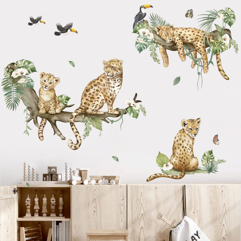 Decalmile cheetah wall stickers create playful playroom scenes on smooth surfaces.
