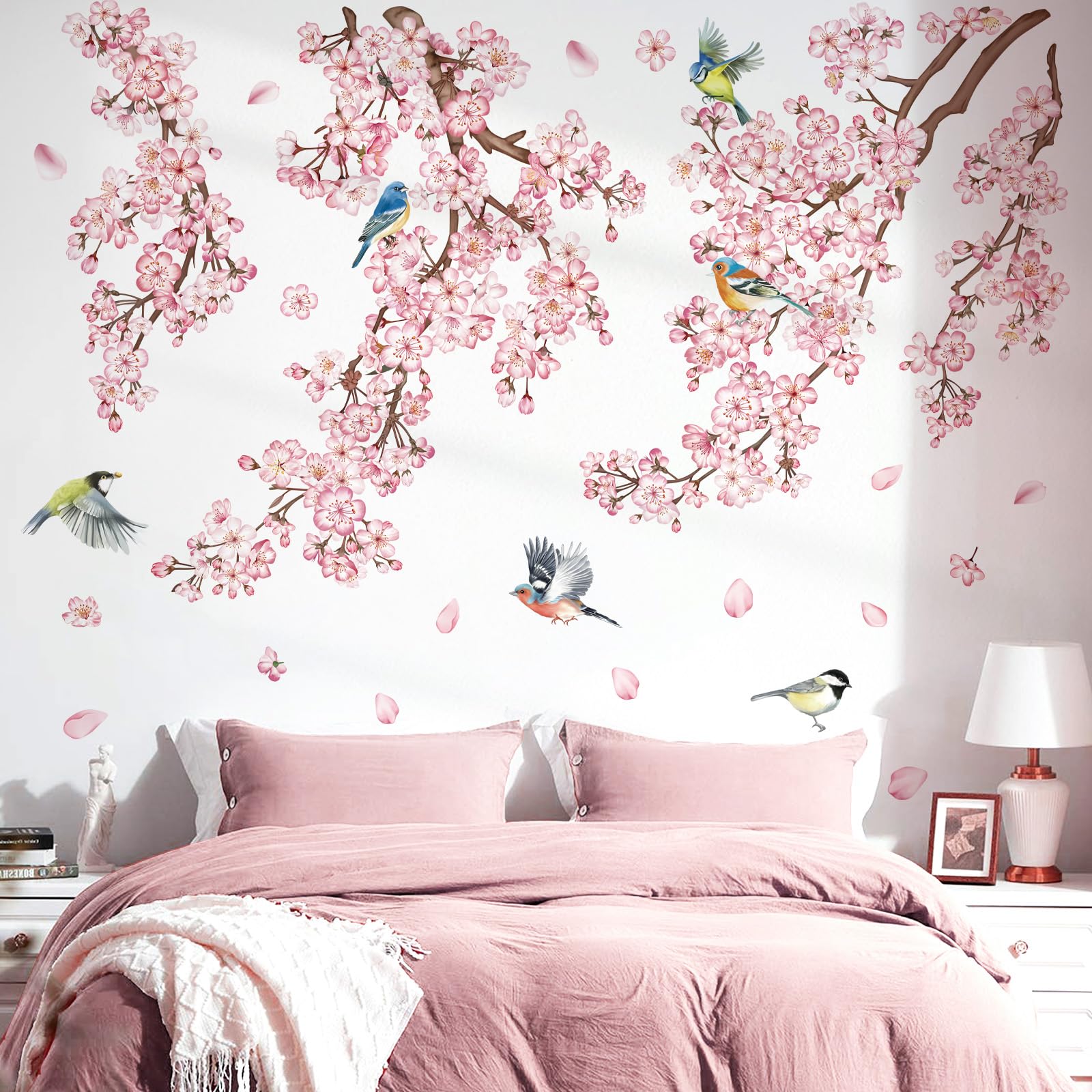 DecalMile cherry blossom tree branch wall decal creates a soft focal point in a bedroom