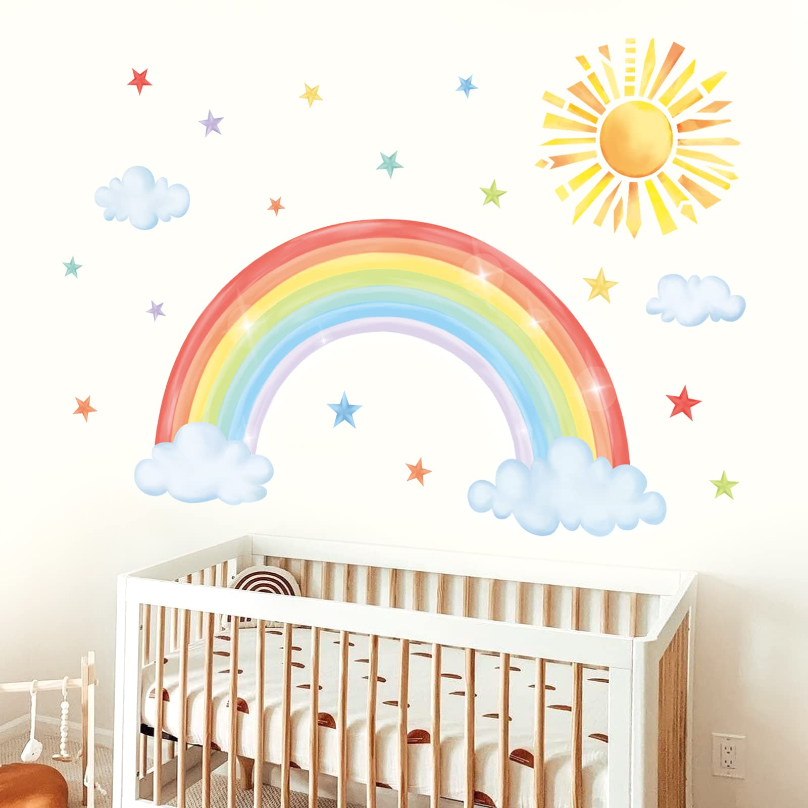 Decalmile cloud rainbow wall sticker creates a soothing nursery or bedroom corner.