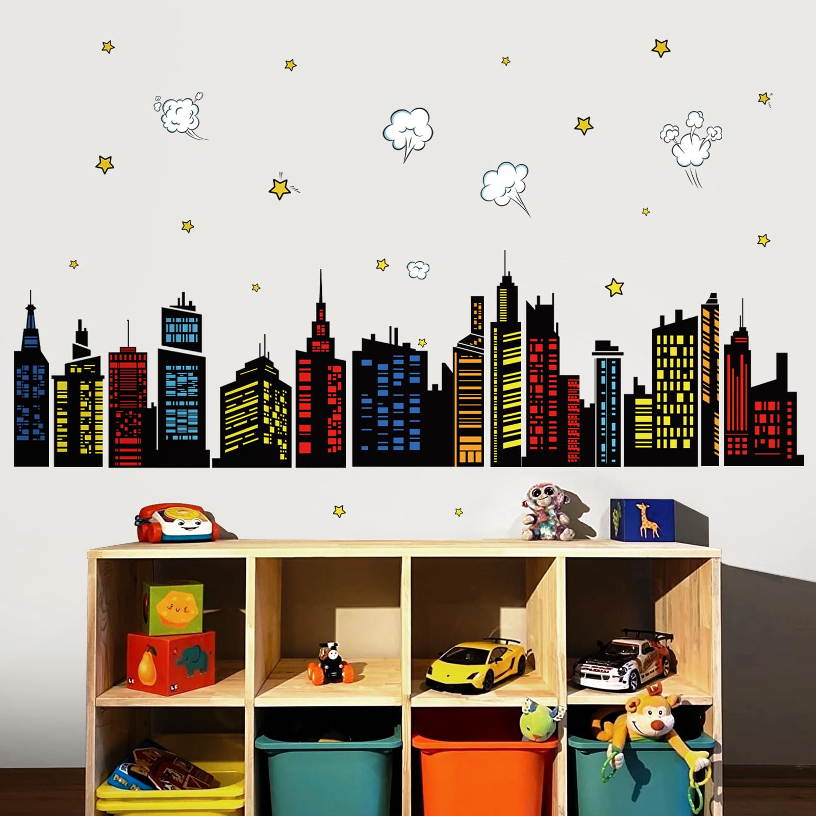 decalmile colorful city skyline wall stickers closeup showing bright colors and easy application