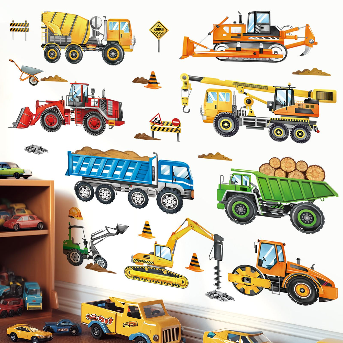 Decalmile construction vehicles wall decals cars scene for quick, colorful kids' room makeover.