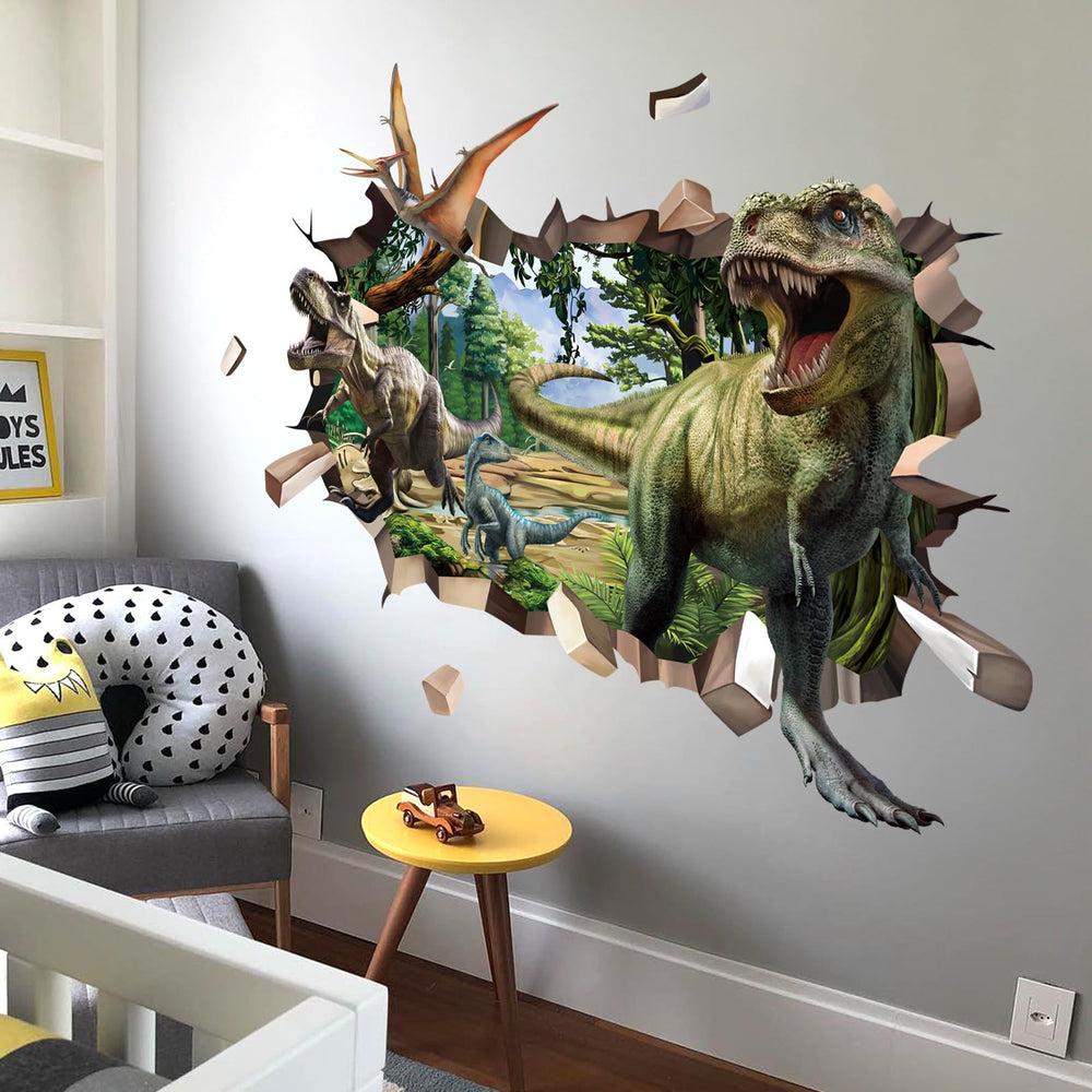 Decalmile dinosaur wall stickers create bold focal point in playroom for imaginative adventures.