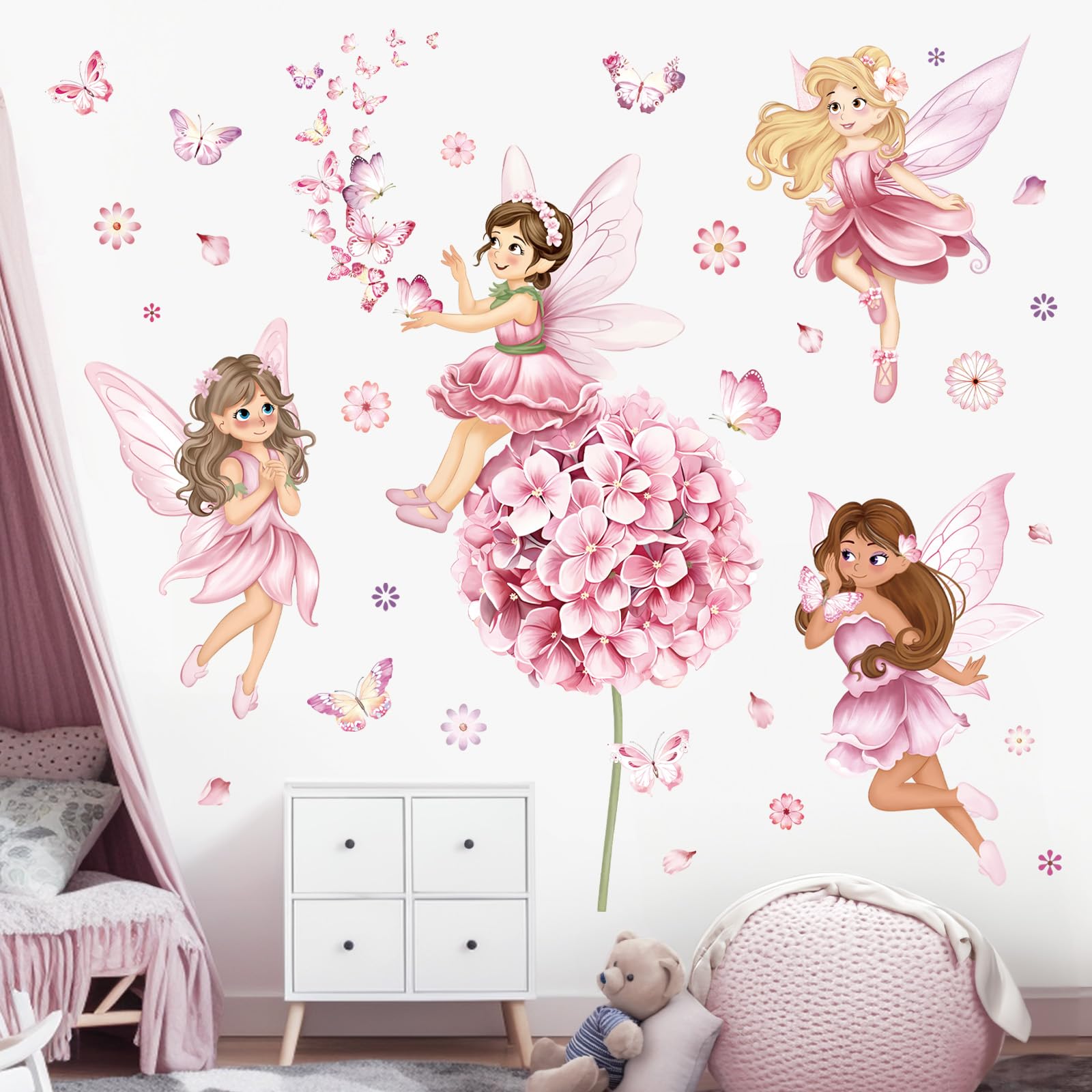 decalmile fairy girl with flower wall decals enhances a child's bedroom with whimsical, imaginative ambiance.