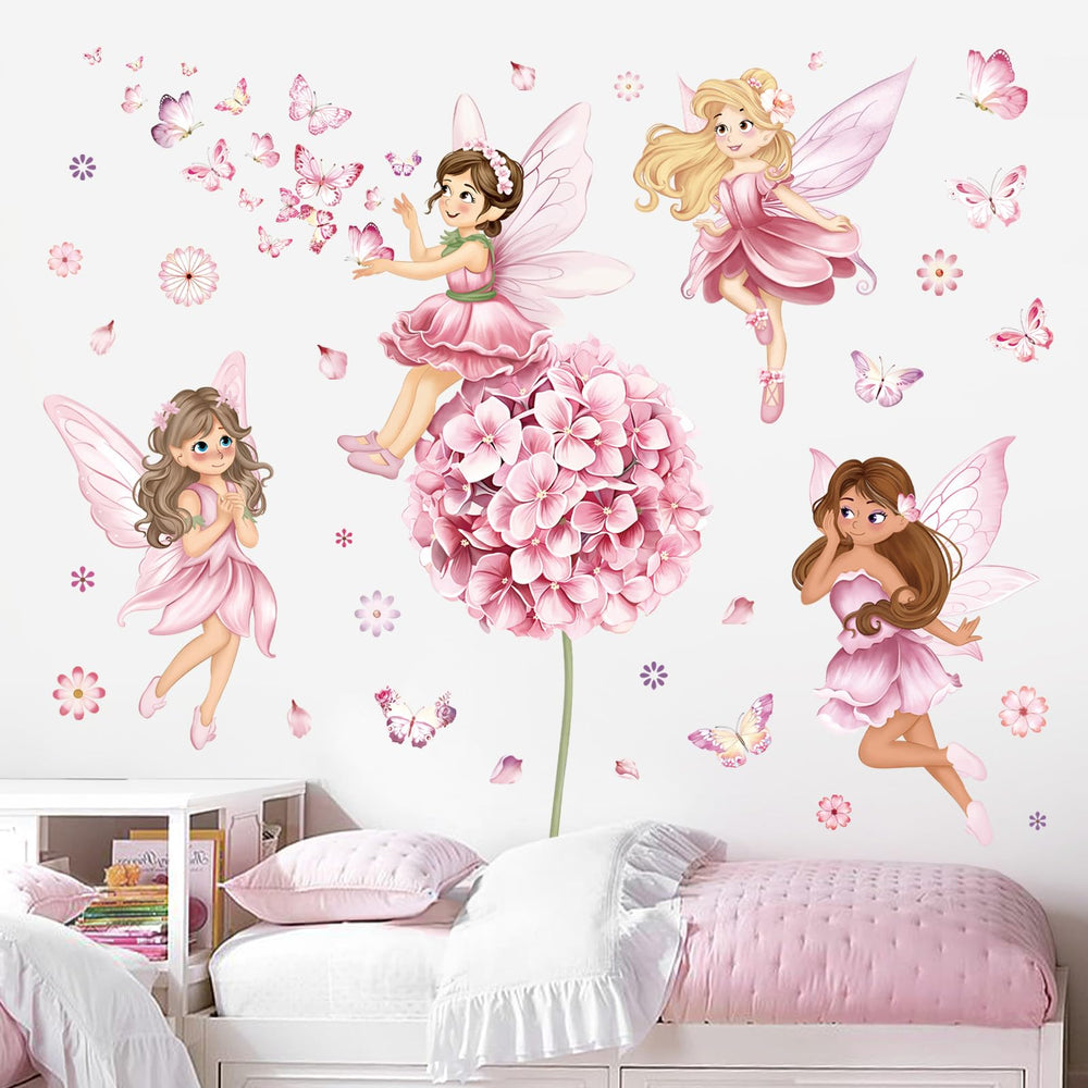 decalmile pink dandelion floral butterfly elves wall stickers brighten a nursery for a cheerful, inviting space.