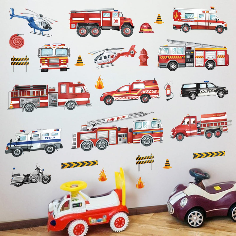 Decalmile fire-truck wall stickers for boys' room boost imaginative play and decor.