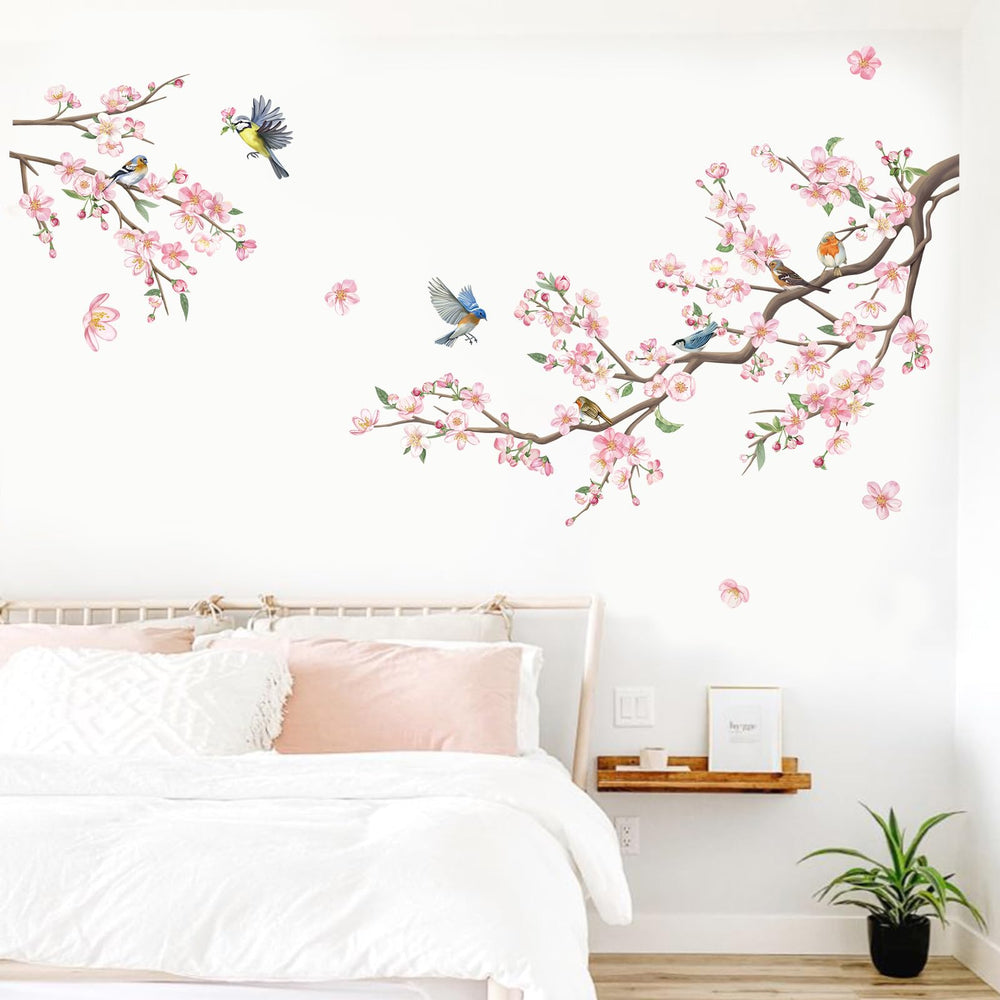 decalmile pink flowers on a branch wall decor highlight subtle tones in dining or kitchen areas.
