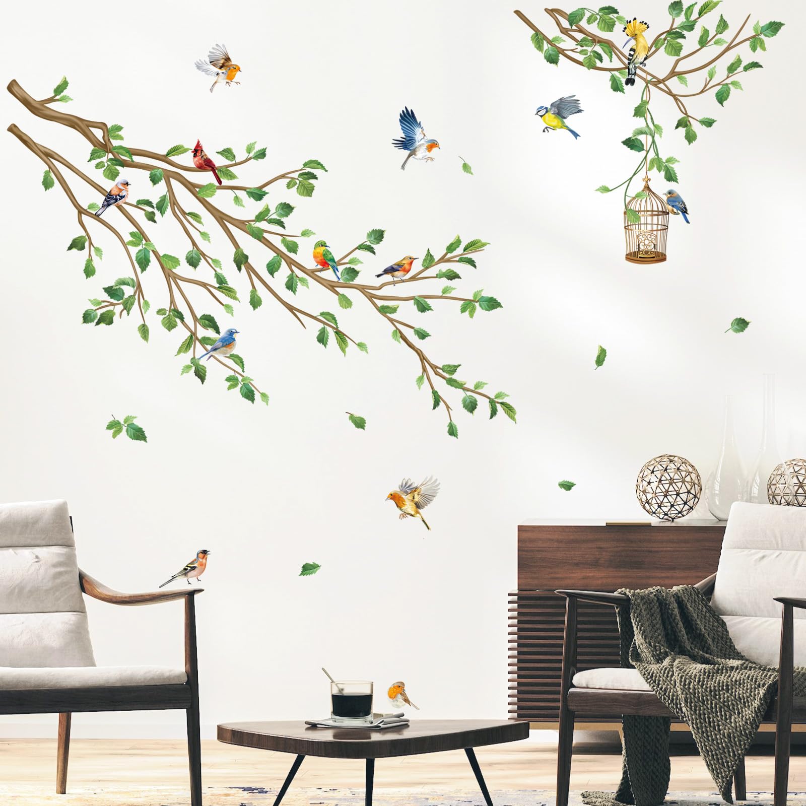 Decalmile flying birds wall sticker above the sofa adds whimsy and depth.
