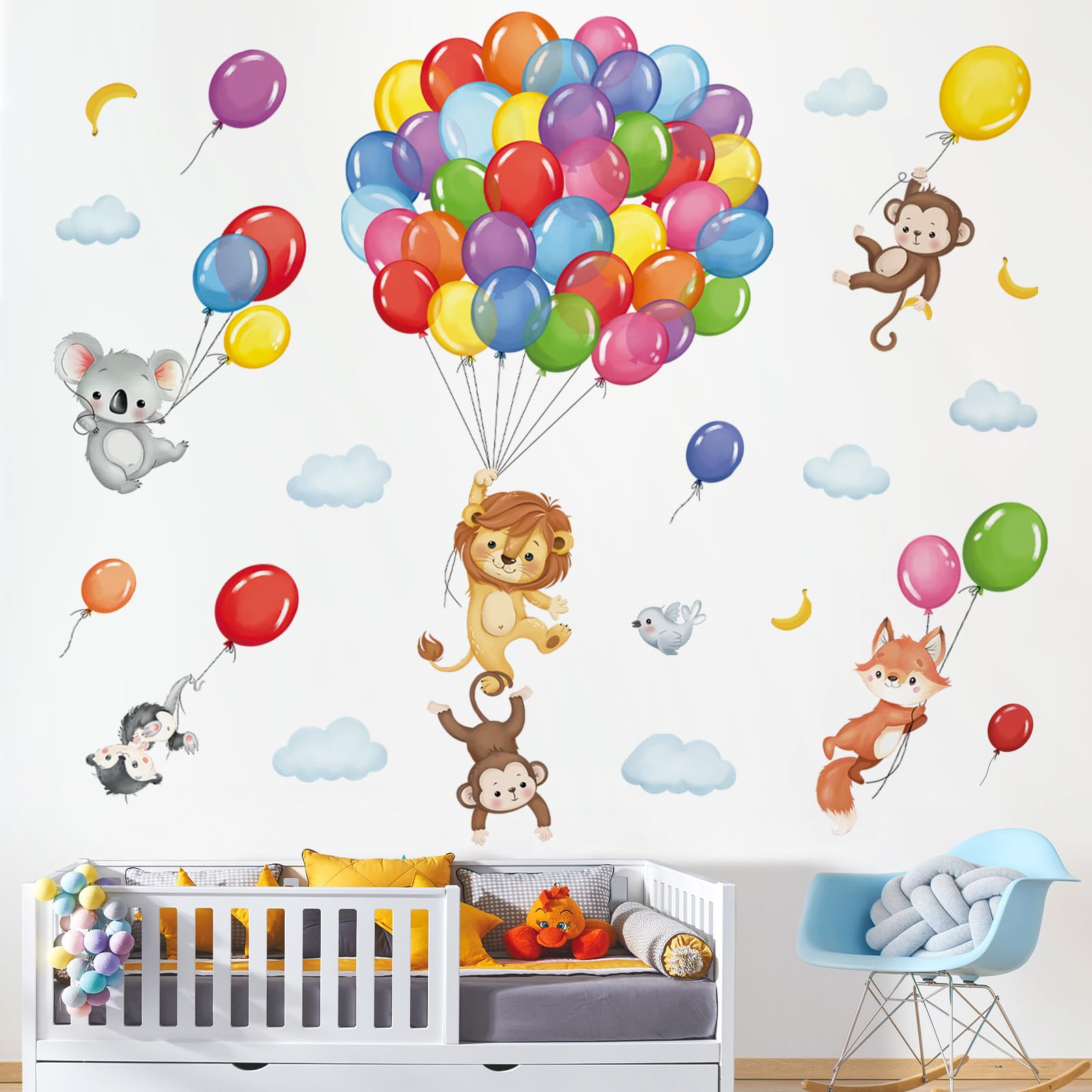 Decalmile forest animals balloon wall decal lion adds bold color for kids' rooms.