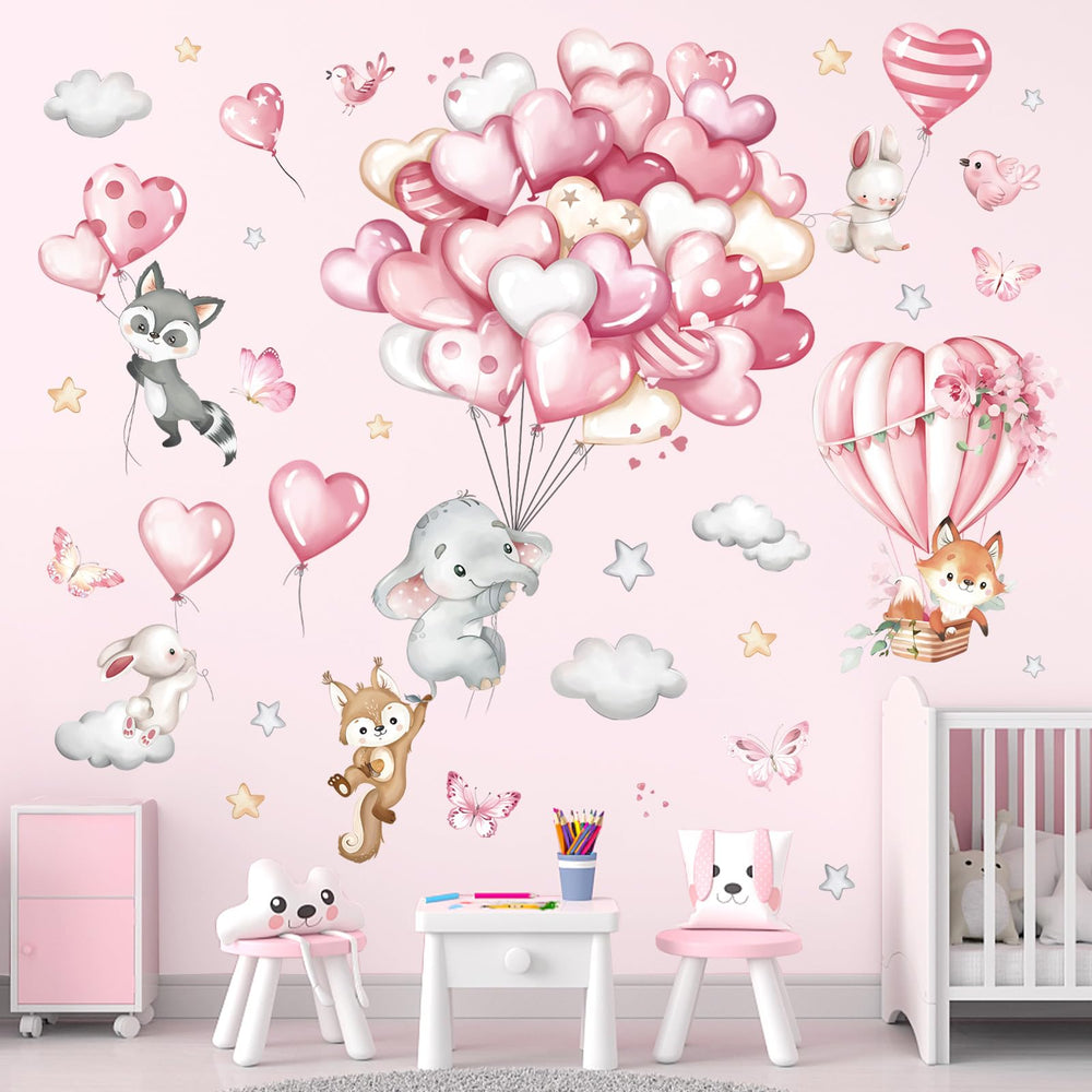 DecalMile forest animals pink balloon wall decal on nursery wall for playful imagination