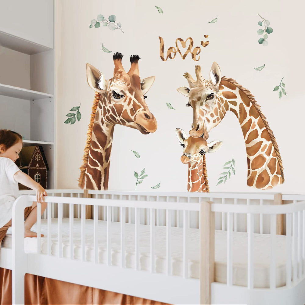 Decalmile giraffe family wall decal closeup in bright colors for kids’ room decor