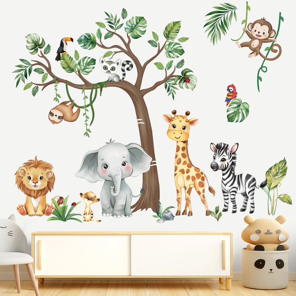 Decalmile jungle animals lion wall decal creates a playful safari focal point in kids' rooms.