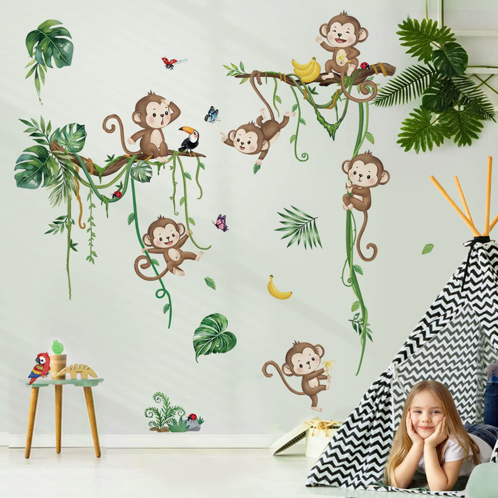 Decalmile Jungle Monkey wall decal: playful monkey climbing a tree for kids' rooms.