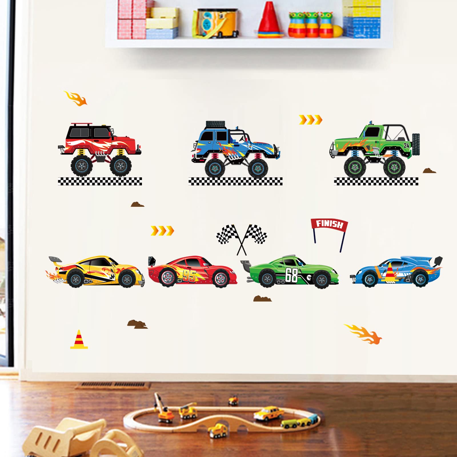 Decalmile kids-bedroom racing car stickers create a vibrant play space and motivational vibe.